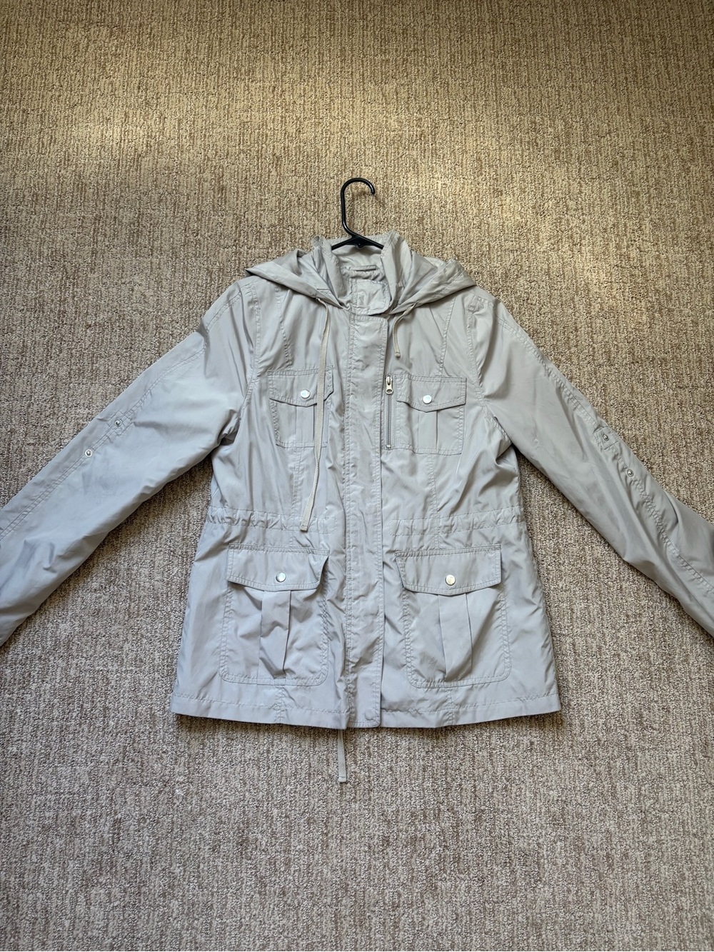 Women's Light Gray Hooded Utility Jacket with Drawcord Waist